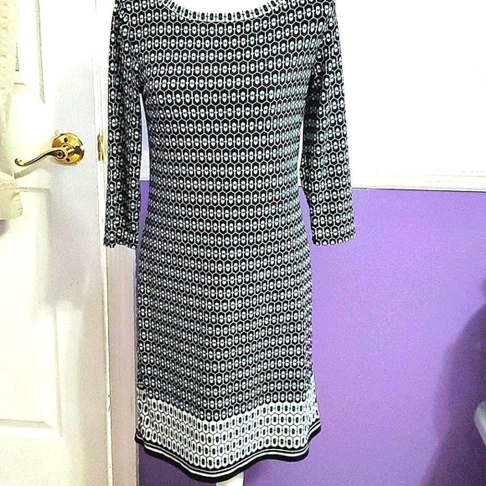 Sophie Max Black & Green Boho Geometric 3/4 Sleeves Shift Jersey Midi Dress XS